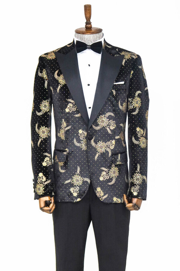 Dot Floral Patterned Velvet Black Men Prom Blazer - Wessi