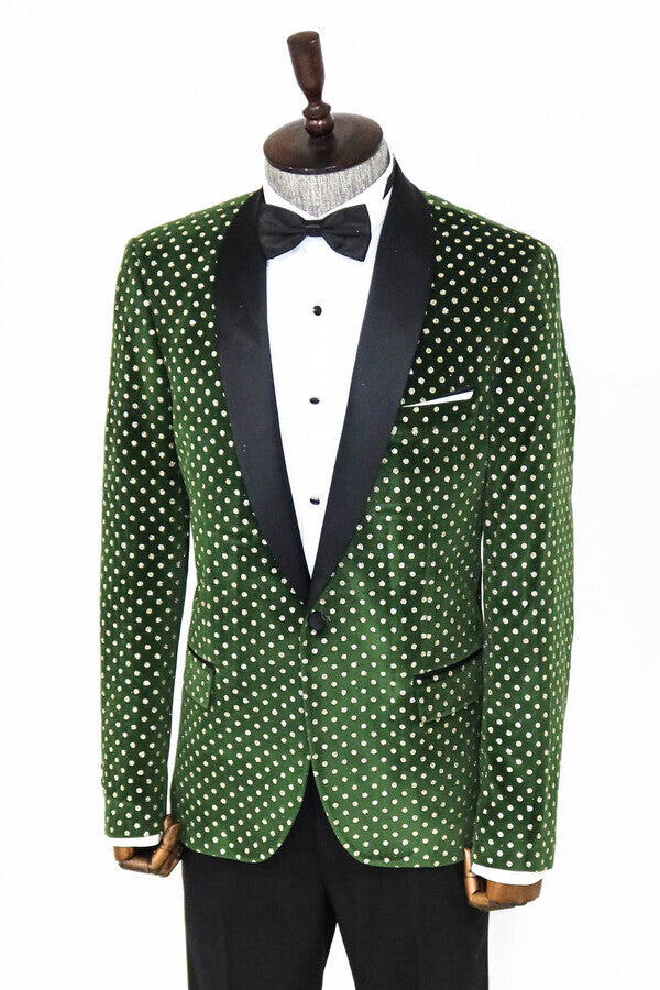 Dot Pattern Slim Fit Dark Green Men Prom Blazer - Wessi