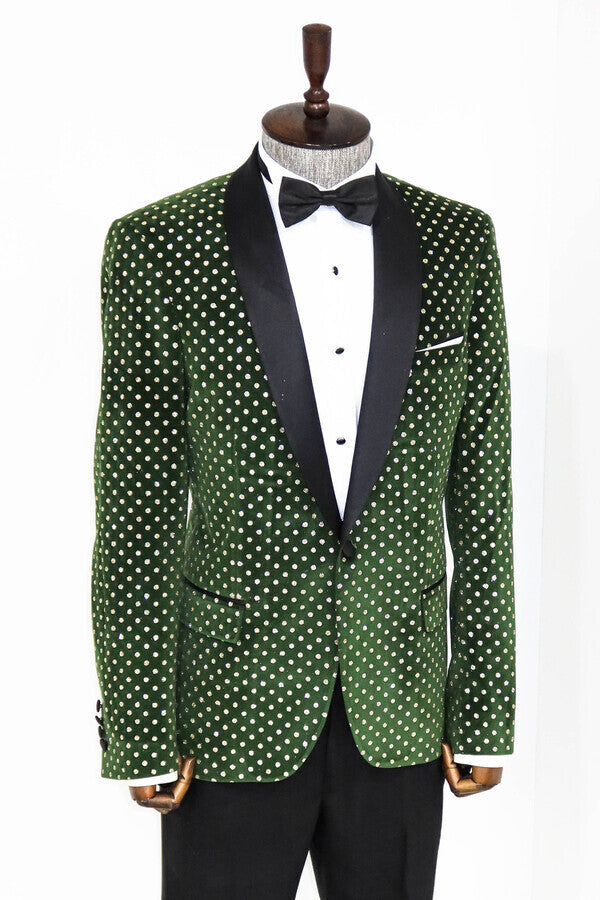 Dot Pattern Slim Fit Dark Green Men Prom Blazer - Wessi