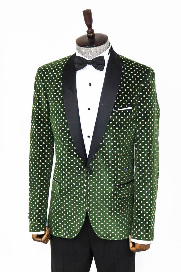 Dot Pattern Slim Fit Dark Green Men Prom Blazer - Wessi