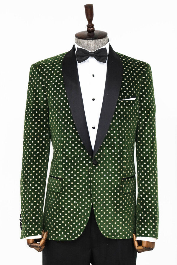 Blazer de fiesta ajustado con estampado de lunares en color verde oscuro para hombre - Wessi