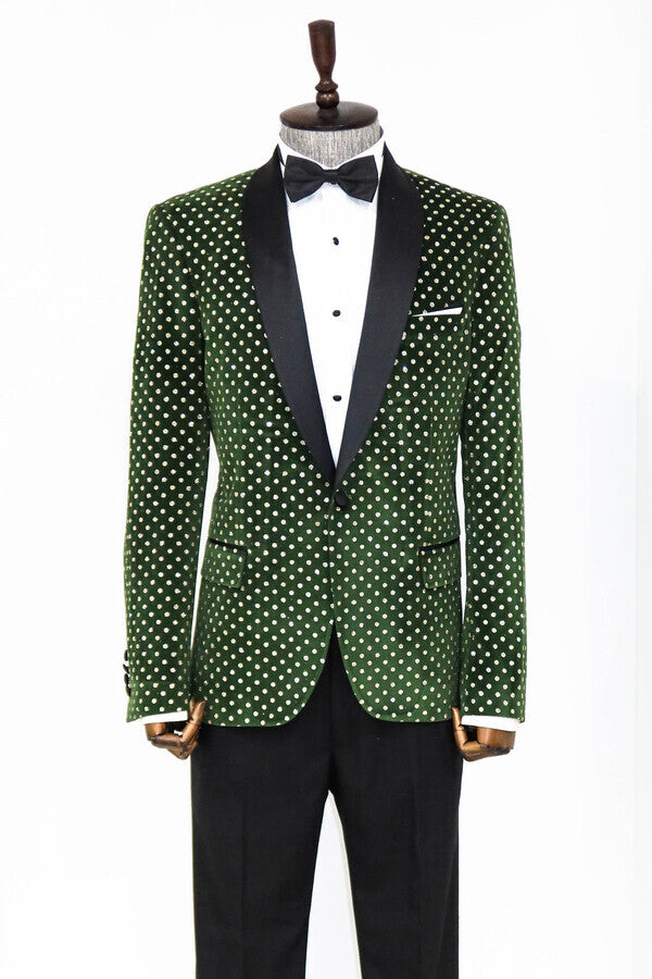 Dot Pattern Slim Fit Dark Green Men Prom Blazer - Wessi