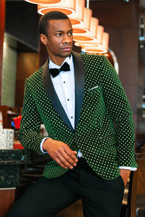 Blazer de fiesta ajustado con estampado de lunares en color verde oscuro para hombre - Wessi