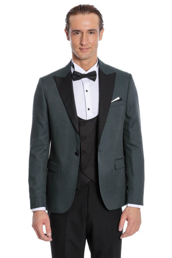 Dot Patterned Dark Green Men Tuxedo - Wessi