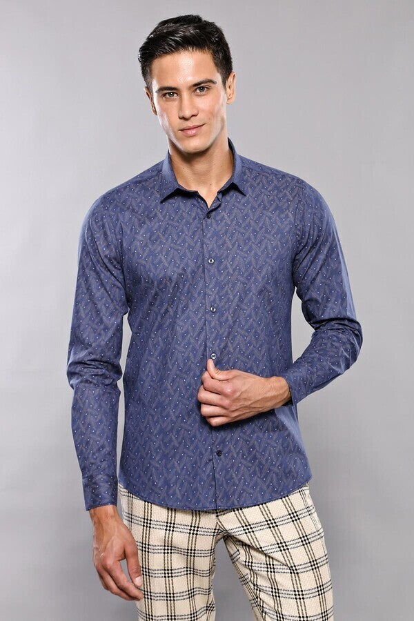 Dot-Patterned Navy Blue Shirt | Wessi