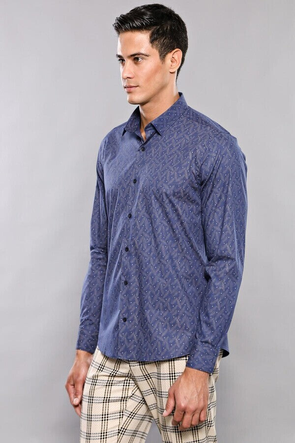 Dot-Patterned Navy Blue Shirt | Wessi