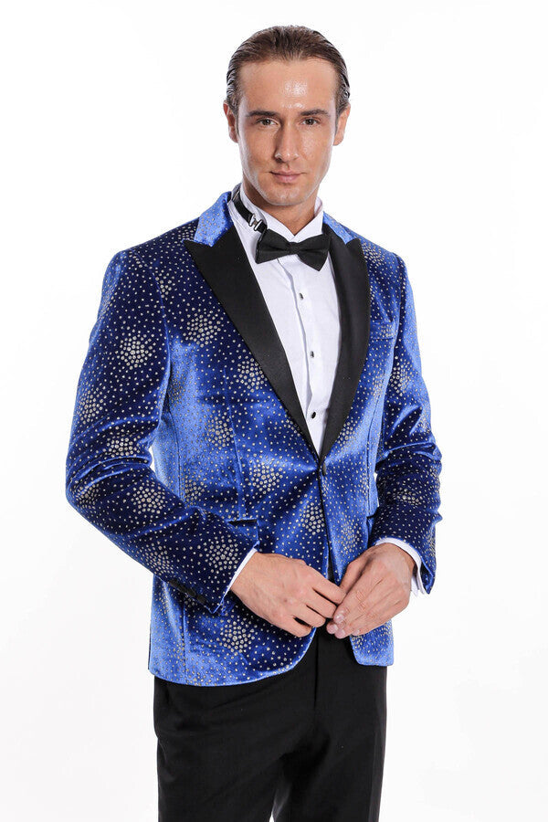 Dot Patterned Peak Lapel Blue Men Prom Blazer - Wessi