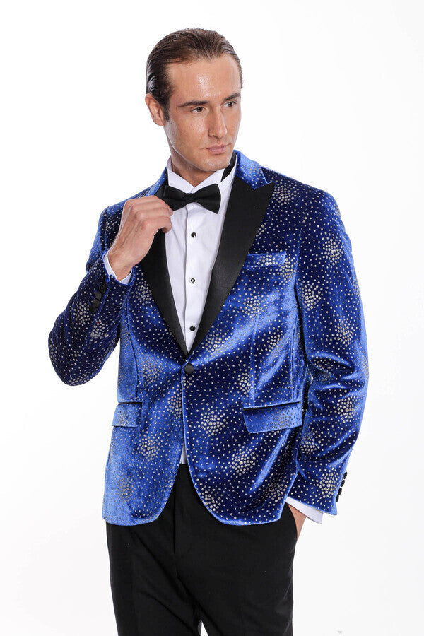 Dot Patterned Peak Lapel Blue Men Prom Blazer - Wessi