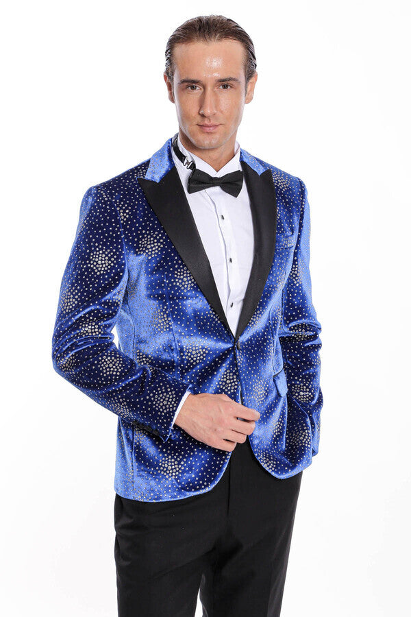 Dot Patterned Peak Lapel Blue Men Prom Blazer - Wessi