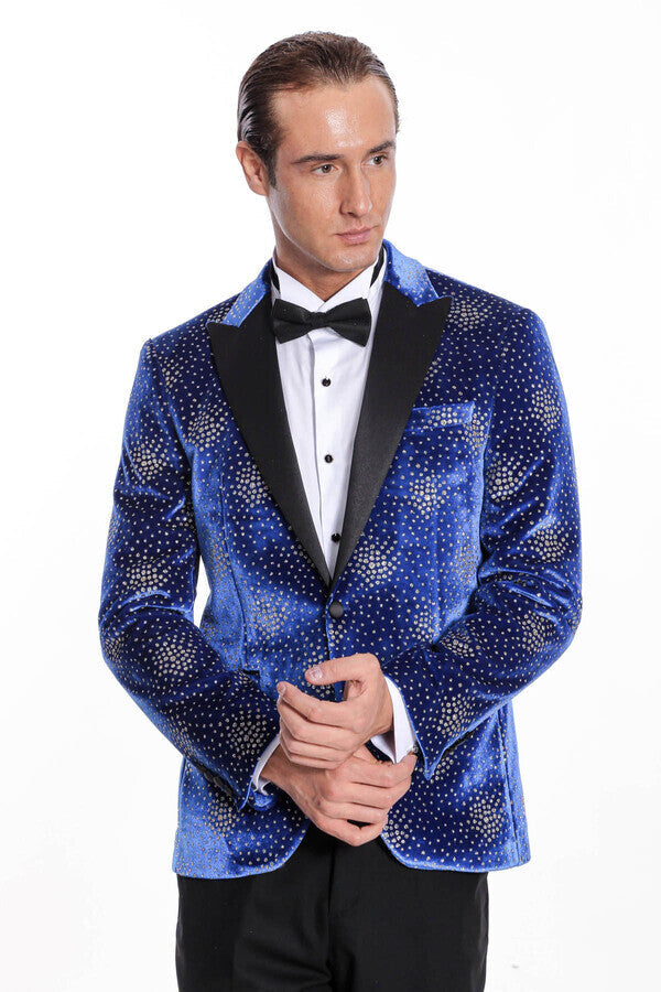 Blazer de fiesta para hombre con solapa de pico y estampado de lunares en azul - Wessi