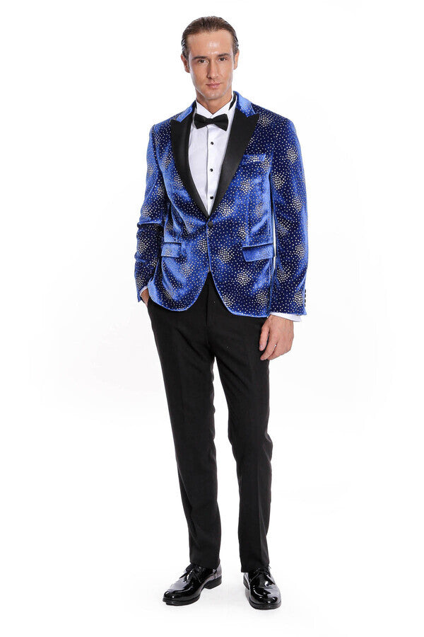 Blazer de fiesta para hombre con solapa de pico y estampado de lunares en azul - Wessi