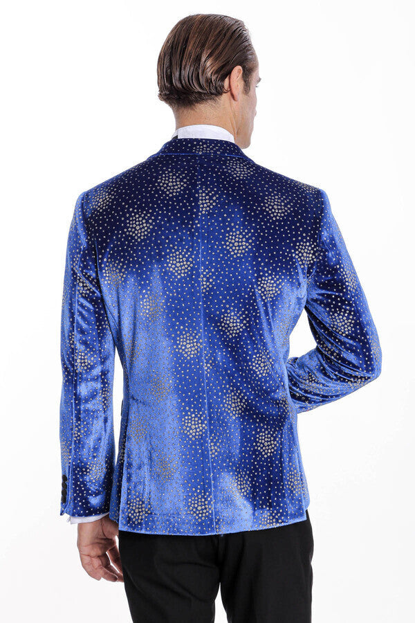 Blazer de fiesta para hombre con solapa de pico y estampado de lunares en azul - Wessi