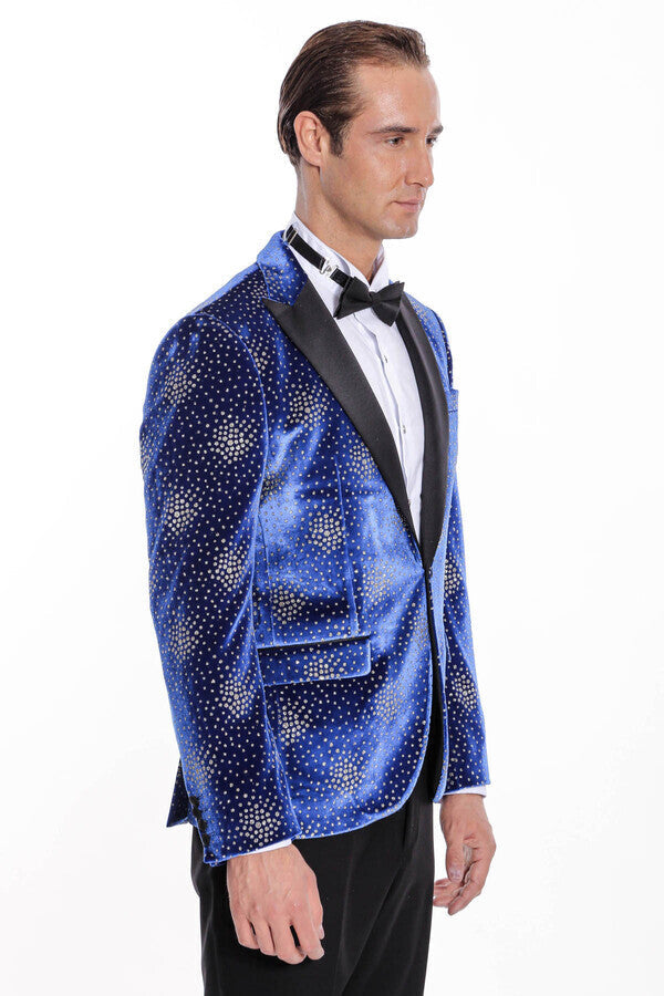 Dot Patterned Peak Lapel Blue Men Prom Blazer - Wessi