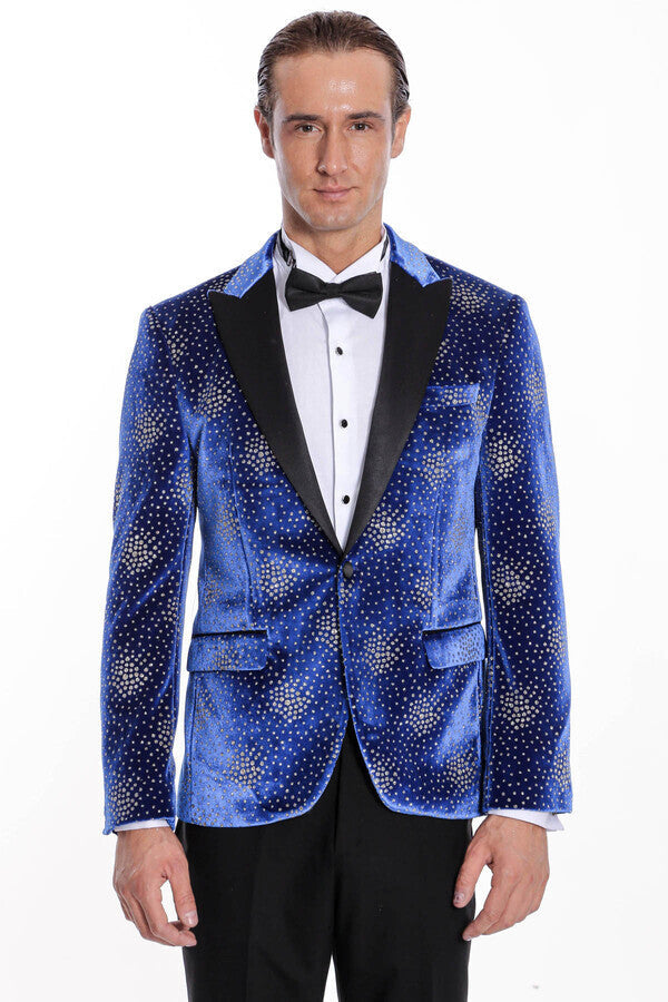 Blazer de fiesta para hombre con solapa de pico y estampado de lunares en azul - Wessi