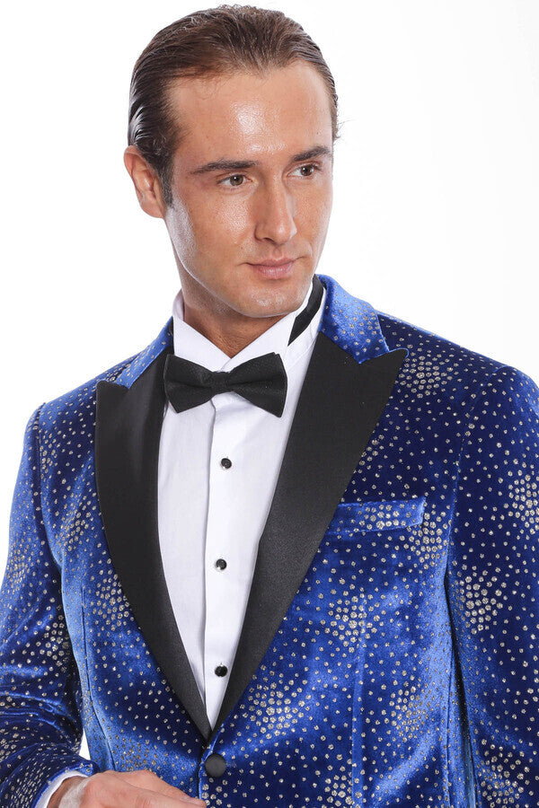 Blazer de fiesta para hombre con solapa de pico y estampado de lunares en azul - Wessi