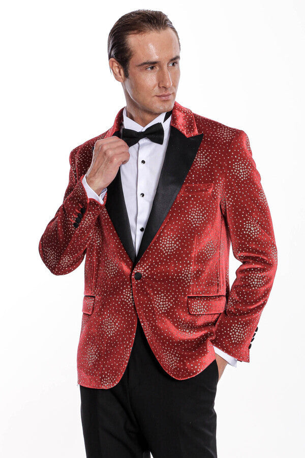 Blazer de fiesta para hombre con solapa de pico y estampado de lunares en color burdeos - Wessi