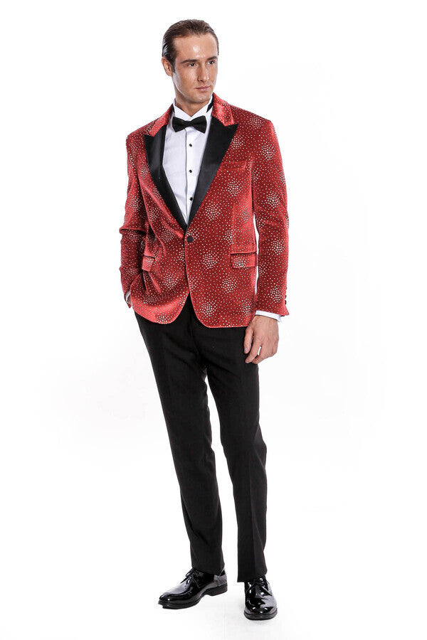 Blazer de fiesta para hombre con solapa de pico y estampado de lunares en color burdeos - Wessi