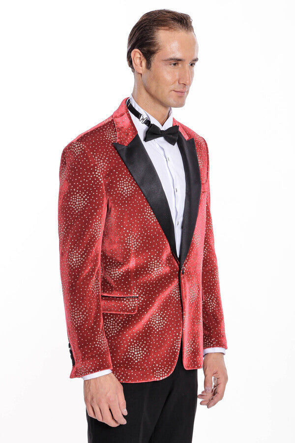 Dot Patterned Peak Lapel Burgundy Men Prom Blazer - Wessi