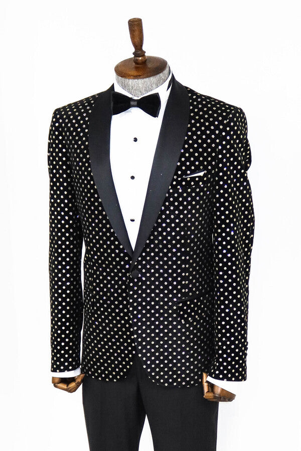 Dot Patterned Slim Fit Black Men Prom Blazer - Wessi