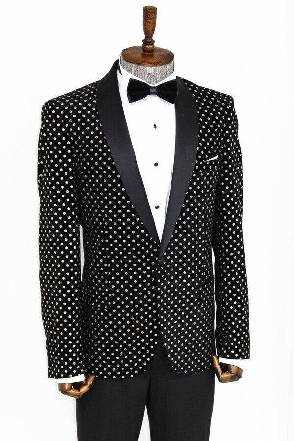 Dot Patterned Slim Fit Black Men Prom Blazer - Wessi