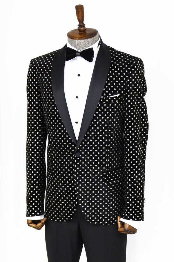 Dot Patterned Slim Fit Black Men Prom Blazer - Wessi