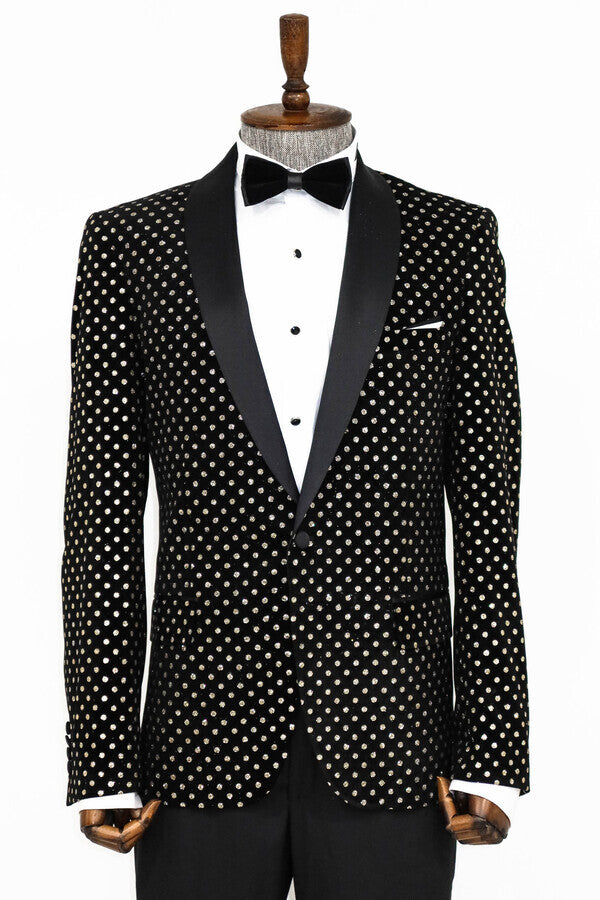 Dot Patterned Slim Fit Black Men Prom Blazer - Wessi