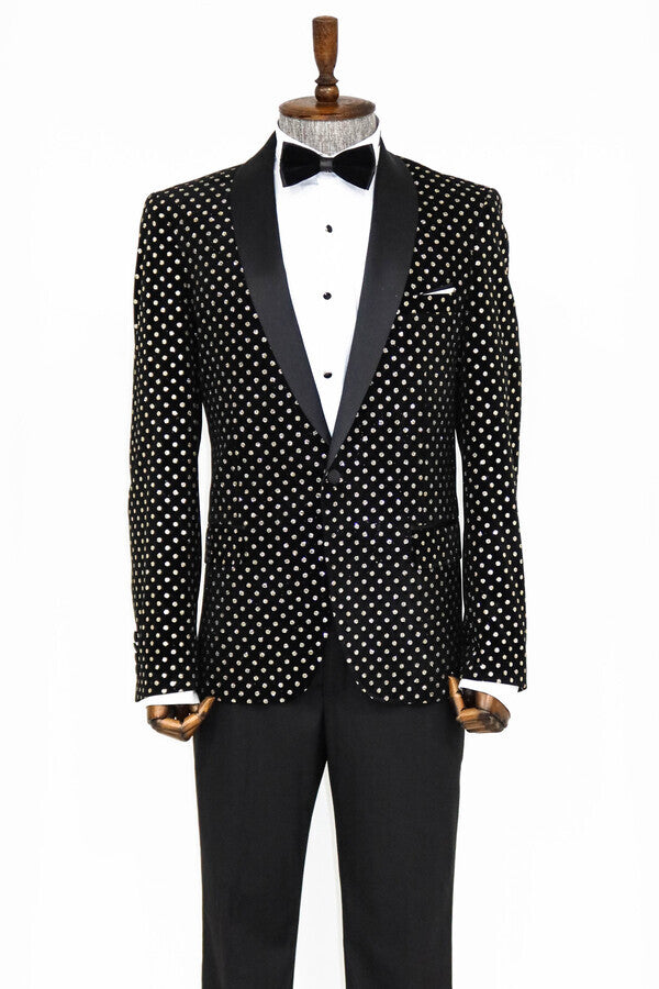 Dot Patterned Slim Fit Black Men Prom Blazer - Wessi