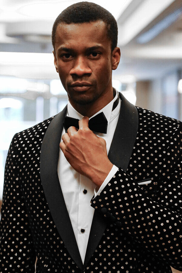 Dot Patterned Slim Fit Black Men Prom Blazer - Wessi