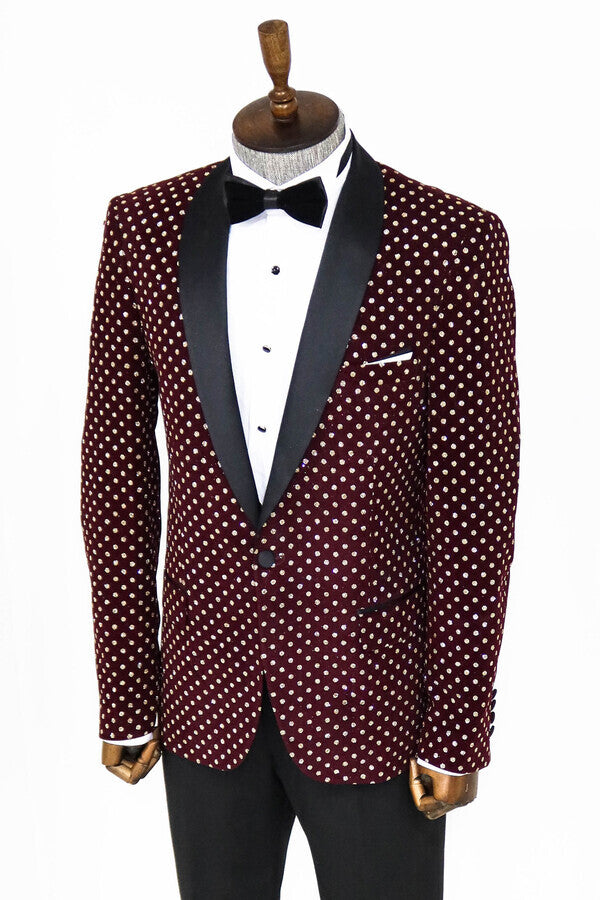 Blazer de fiesta ajustado con estampado de lunares en color burdeos para hombre - Wessi