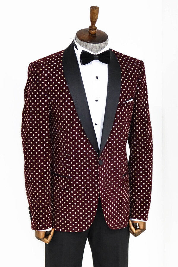 Dot Patterned Slim Fit Burgundy Men Prom Blazer - Wessi