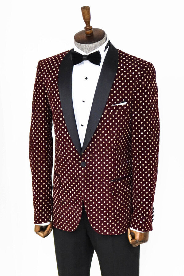 Dot Patterned Slim Fit Burgundy Men Prom Blazer - Wessi