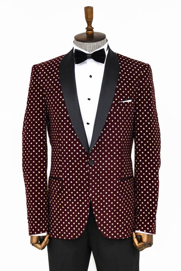 Dot Patterned Slim Fit Burgundy Men Prom Blazer - Wessi