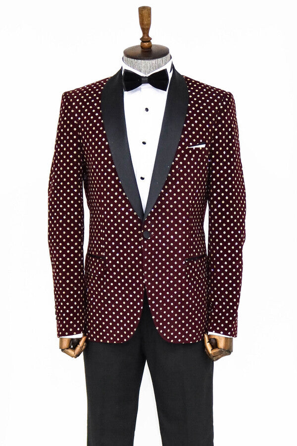 Dot Patterned Slim Fit Burgundy Men Prom Blazer - Wessi