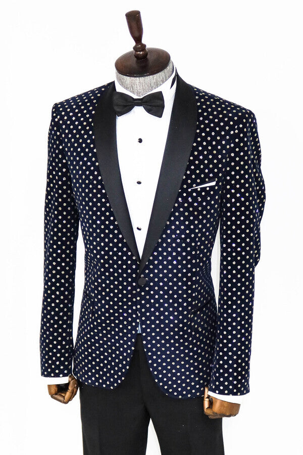 Dot Patterned Slim Fit Navy Blue Men Prom Blazer - Wessi