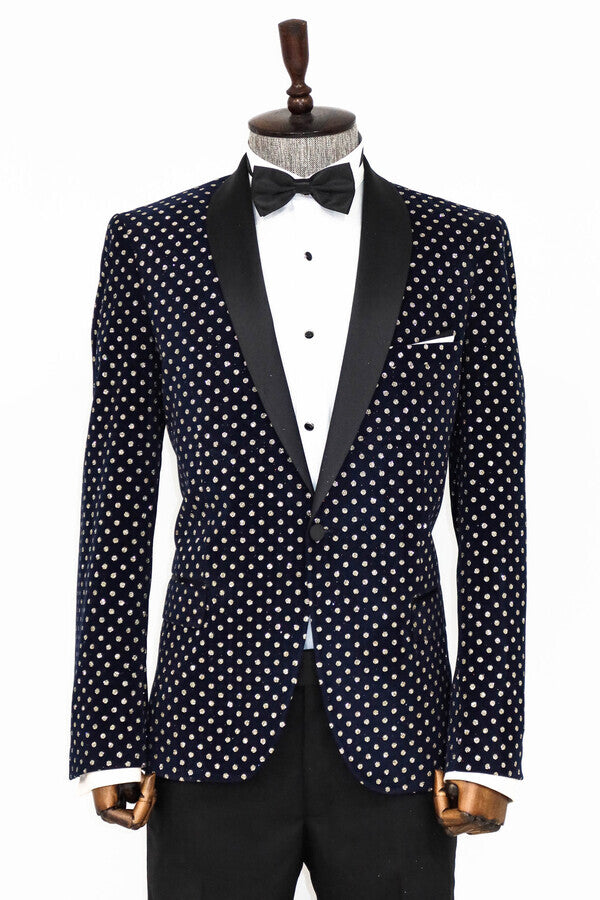 Dot Patterned Slim Fit Navy Blue Men Prom Blazer - Wessi