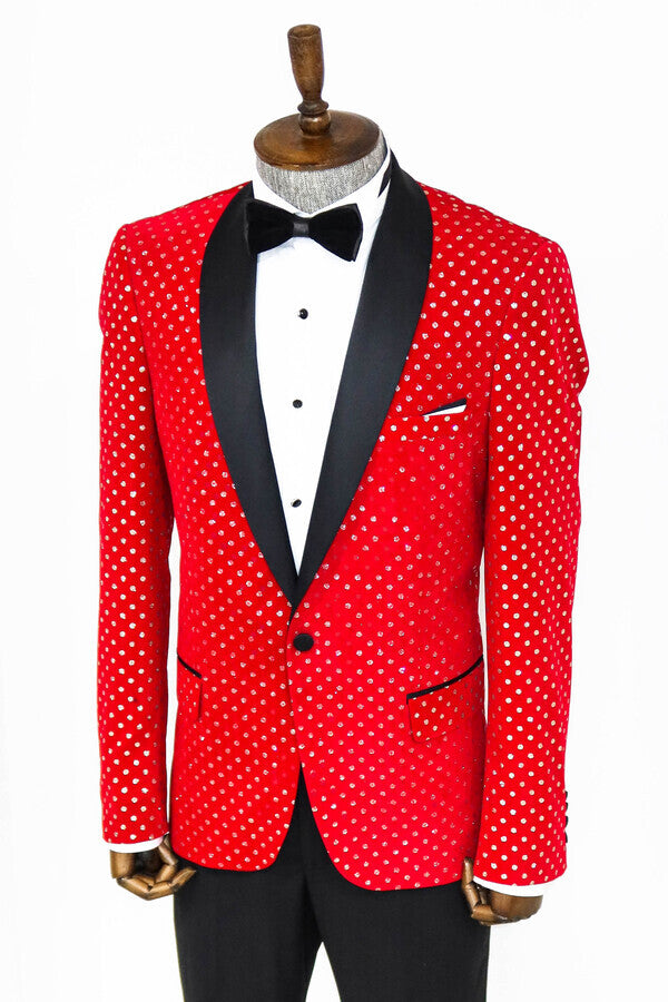 Dot Patterned Slim Fit Red Men Prom Blazer - Wessi