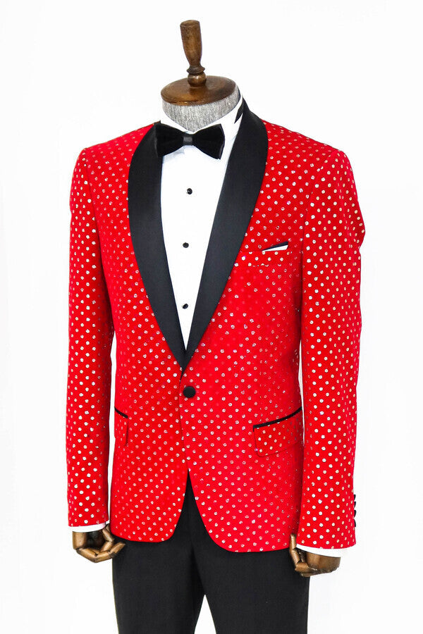 Dot Patterned Slim Fit Red Men Prom Blazer - Wessi