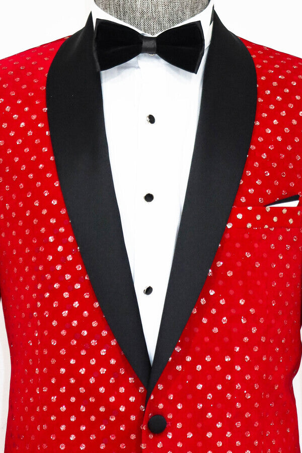 Dot Patterned Slim Fit Red Men Prom Blazer - Wessi