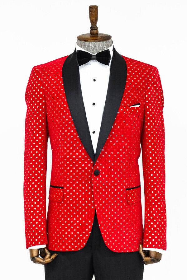 Dot Patterned Slim Fit Red Men Prom Blazer - Wessi