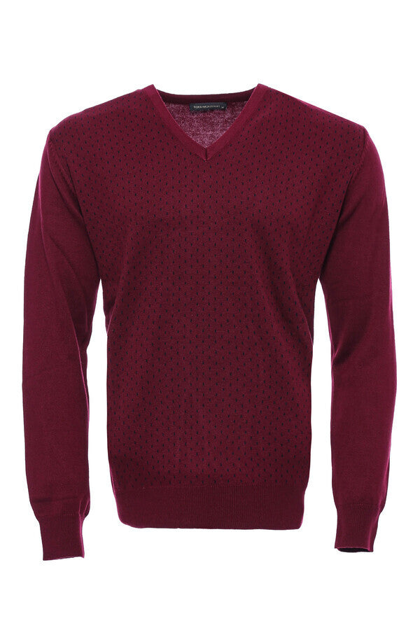 Dot Patterned V Neck Burgundy Sweater - Wessi