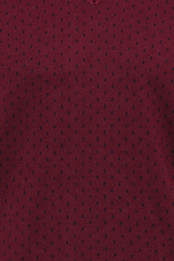 Dot Patterned V Neck Burgundy Sweater - Wessi