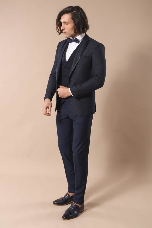 Dot Patterned Vested Dark Blue Wedding Suit | Wessi - Wessi