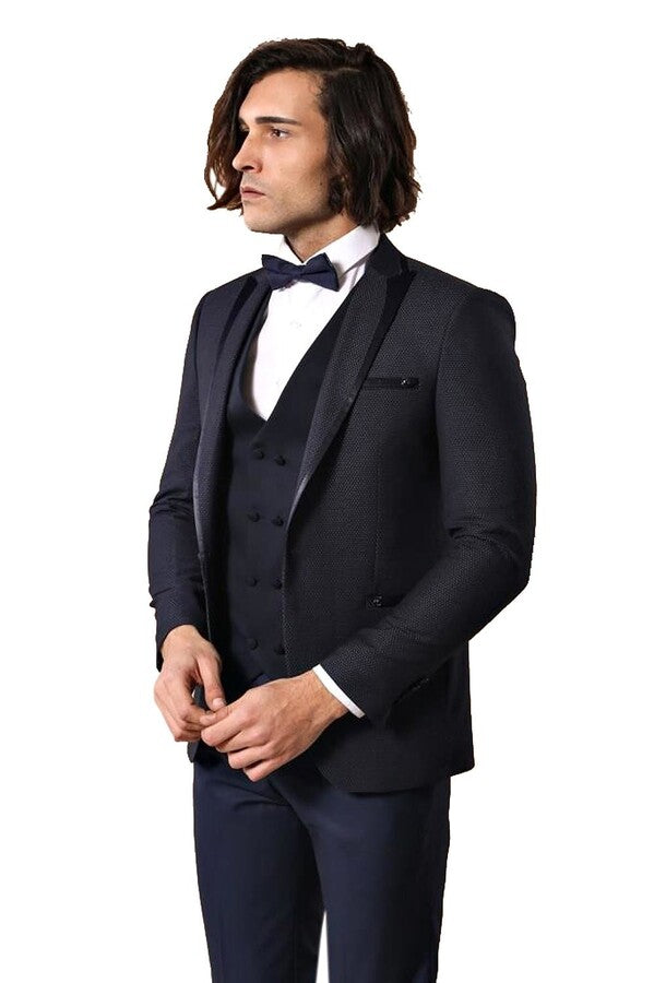 Dot Patterned Vested Dark Blue Wedding Suit | Wessi - Wessi