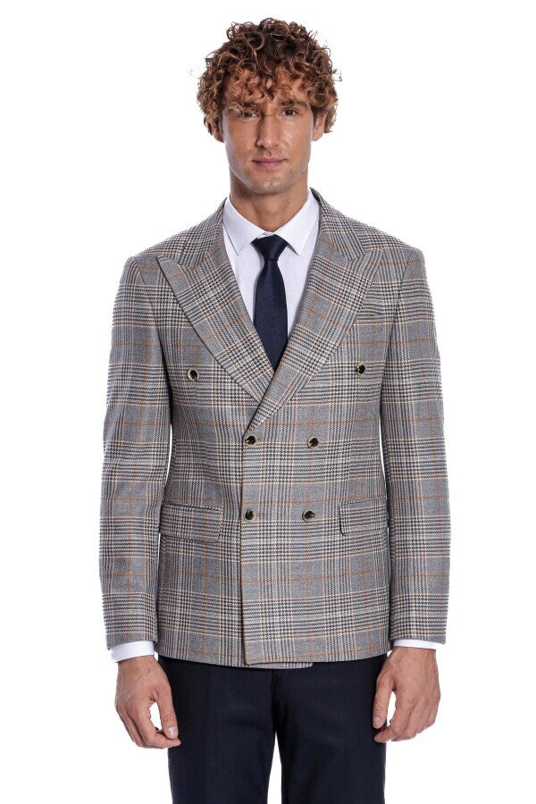 Double Breasted Checked Anthracite Men Blazer - Wessi