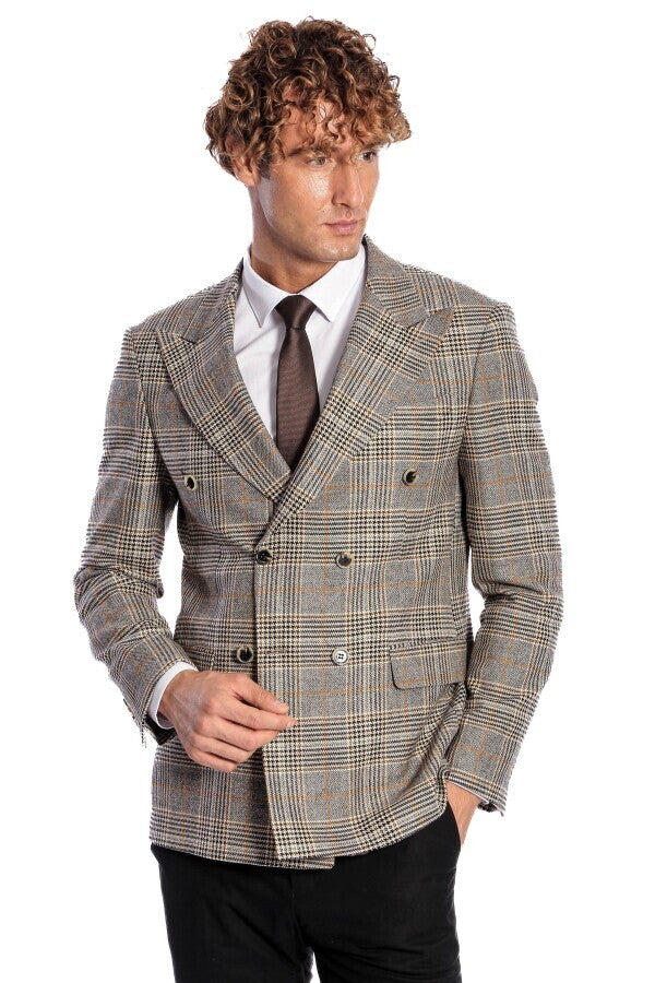 Double Breasted Checked Grey Men Blazer - Wessi