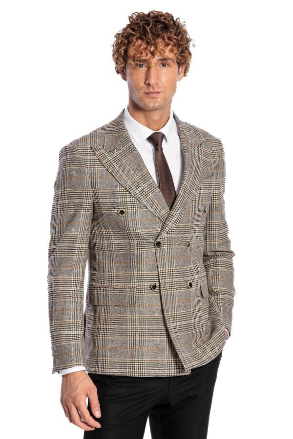 Double Breasted Checked Grey Men Blazer - Wessi