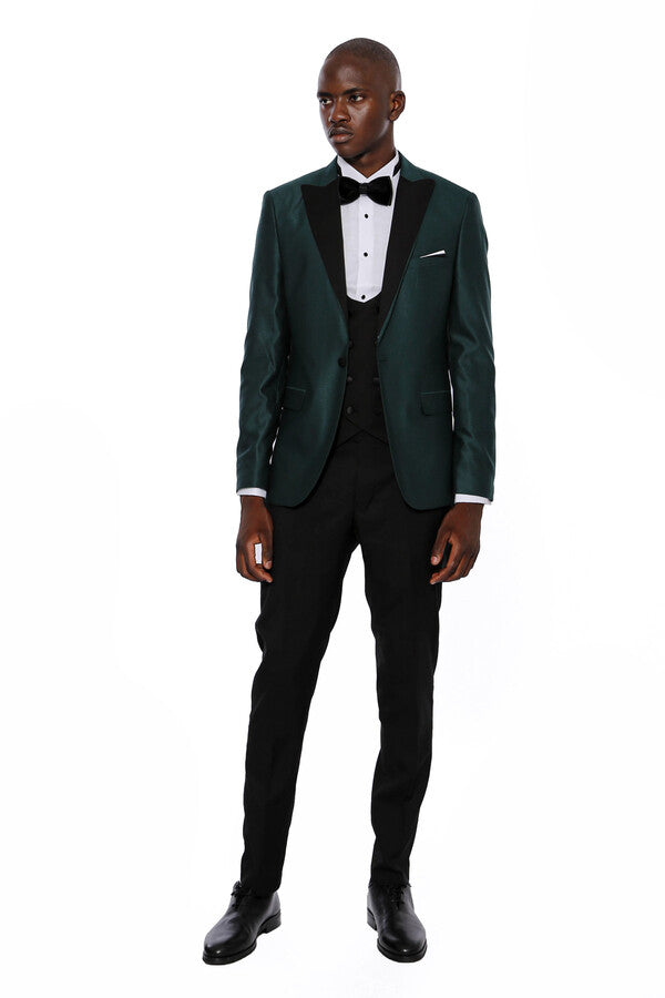 Double Breasted Patterned Green Men Tuxedo - Wessi