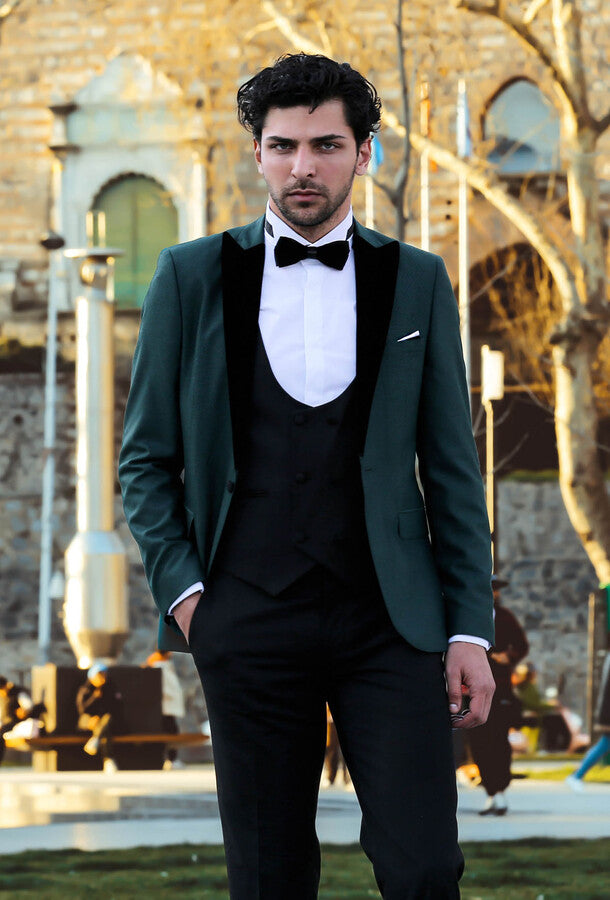 Double Breasted Patterned Green Men Tuxedo - Wessi