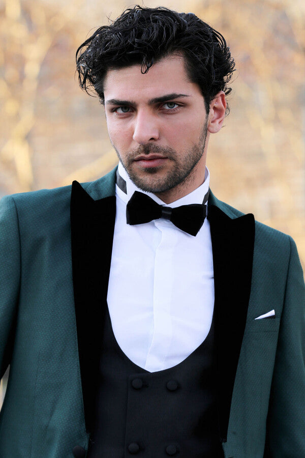 Double Breasted Patterned Green Men Tuxedo - Wessi