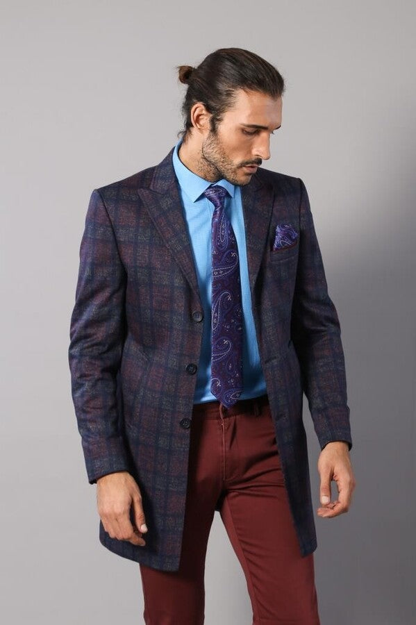 Double-Breasted Plaid Burgundy Men Coat - Wessi